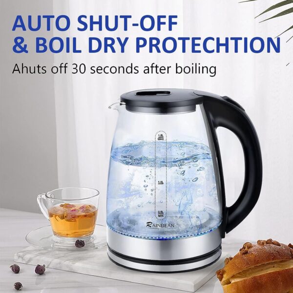 ⁦Electric Kettle Water Boiler, 1.8L Electric Tea Kettle, Wide Opening Hot Water Boiler With LED Light, Auto Shut-Off & Boil Dry Protection, Glass Black⁩ - الصورة ⁦5⁩