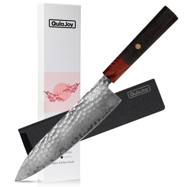 ⁦Qulajoy 8 Inch Chef Knife - Japanese Damascus VG-10 Super Steel Hammered Kitchen Knife - African Rosewood Octagonal Handle With Sheath⁩ - الصورة ⁦5⁩