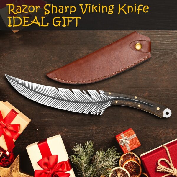 ⁦Qulajoy Viking Knife - 13.8 Inch Full Tang Boning Knife With 8.5 Inch Feather Blade & Leather Sheath - Sharp Hand-Forged 7Cr17MOV Real Carbon Steel⁩ - الصورة ⁦10⁩