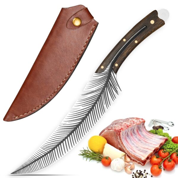 ⁦Qulajoy Viking Knife - 13.8 Inch Full Tang Boning Knife With 8.5 Inch Feather Blade & Leather Sheath - Sharp Hand-Forged 7Cr17MOV Real Carbon Steel⁩ - الصورة ⁦8⁩