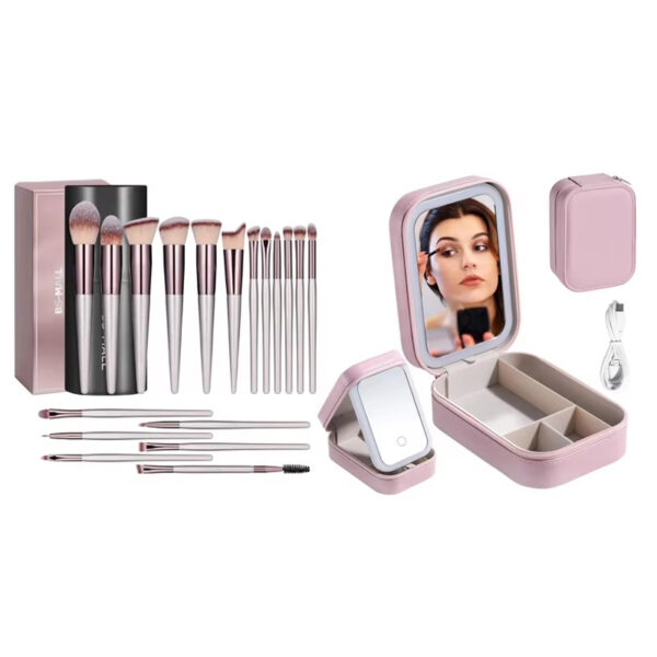 ⁦Makeup Brushes With Case Set Portable LED Mirror Makeup Jewelry Storage Case Travel Makeup Tool Kits⁩ - الصورة ⁦10⁩