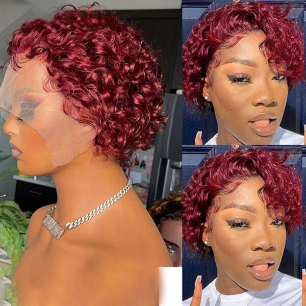 ⁦Pixie Cut 99J Color Lace Wig Spring Curl Short Human Hair Wig For Women Brazilian Burgundy Pixie Cut Wig⁩ - الصورة ⁦2⁩