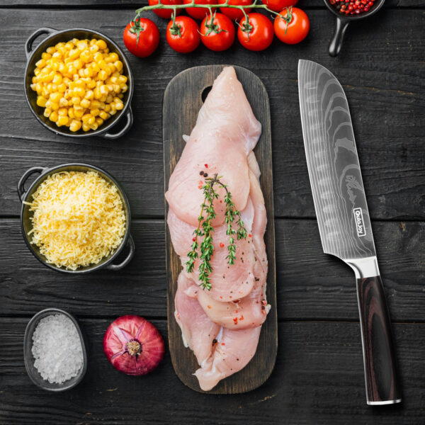 ⁦Qulajoy Santoku Knife, High Carbon Stainless Steel Chef Knife Japanese Kitchen Knives With Ergonomic Pakkawood Handle, Chopping Knife For Home Kitchen Cooking⁩ - الصورة ⁦2⁩