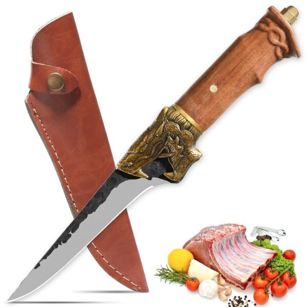 ⁦Qulajoy Boning Knife - Hand Forged Camping Knife 7Cr17MOV Blade - Dragon Head Handle And Leather Sheath - Unique Dragon Style - Viking Knife For Hunting & Camping⁩ - الصورة ⁦2⁩