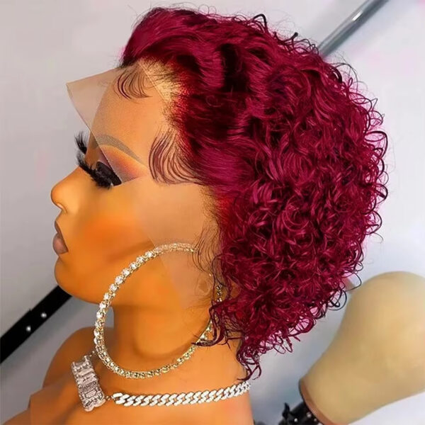 ⁦Pixie Cut 99J Color Lace Wig Spring Curl Short Human Hair Wig For Women Brazilian Burgundy Pixie Cut Wig⁩ - الصورة ⁦5⁩