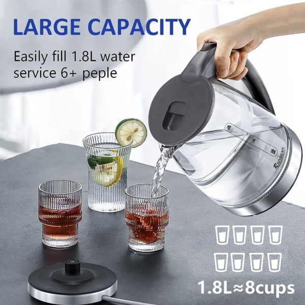 ⁦Electric Kettle Water Boiler, 1.8L Electric Tea Kettle, Wide Opening Hot Water Boiler With LED Light, Auto Shut-Off & Boil Dry Protection, Glass Black⁩ - الصورة ⁦3⁩