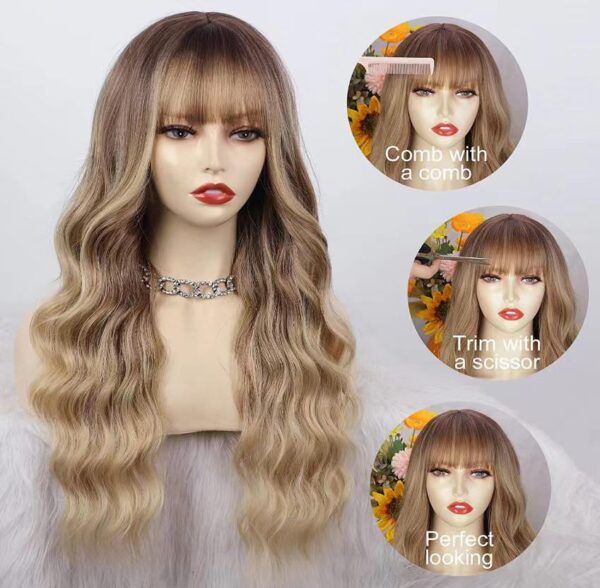 ⁦26 Inch Long Ash Blonde Wig With Bangs Natural Wavy Hair - Perfect For Daily Wear And Middle Part Style⁩ - الصورة ⁦7⁩