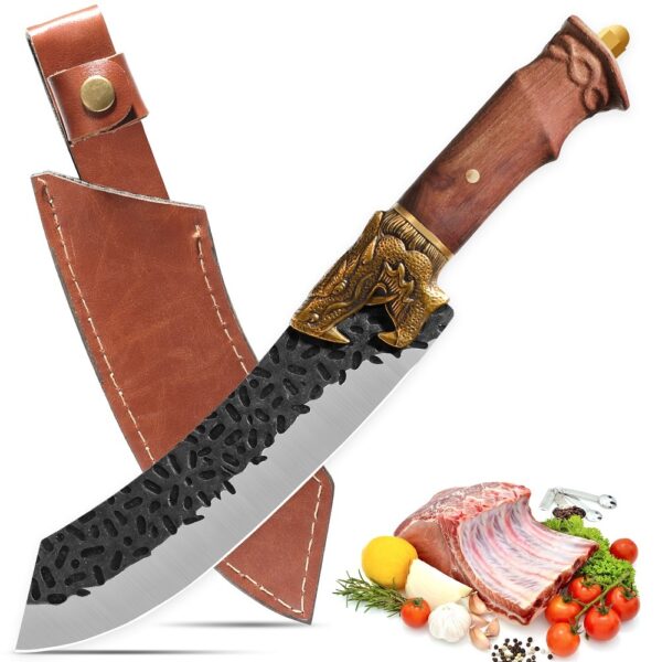 ⁦Qulajoy Boning Knife - Hand Forged Camping Knife 7Cr17MOV Blade - Dragon Head Handle And Leather Sheath - Unique Dragon Style - Viking Knife For Hunting & Camping⁩ - الصورة ⁦5⁩