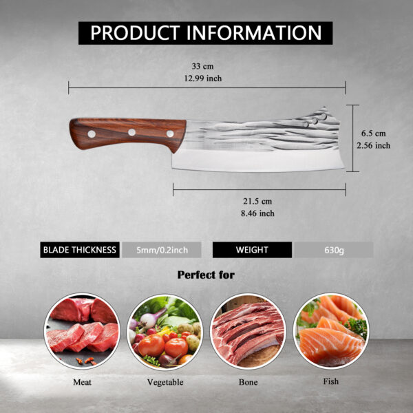 ⁦Kegani Meat Cleaver Knife - Heavy Duty Bone Chopper - 1.4 Lbs Butcher Knife Bone Knife - High Carbon Steel Butcher Knife For Meat Cutting, Bone Cutting⁩ - الصورة ⁦3⁩