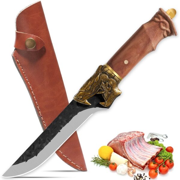 ⁦Qulajoy Boning Knife - Hand Forged Camping Knife 7Cr17MOV Blade - Dragon Head Handle And Leather Sheath - Unique Dragon Style - Viking Knife For Hunting & Camping⁩ - الصورة ⁦8⁩