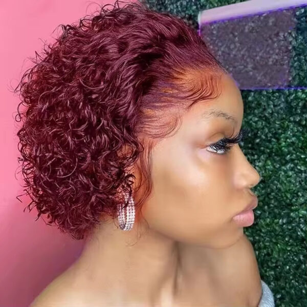 ⁦Pixie Cut 99J Color Lace Wig Spring Curl Short Human Hair Wig For Women Brazilian Burgundy Pixie Cut Wig⁩ - الصورة ⁦3⁩