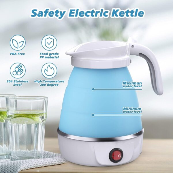 ⁦Foldable Electric Kettle, Camping Kettle, Mini Travel Kettle, Silicone Electric Water Boiler, Tea, Coffee Kettle, Collapsible Kettle With Separable Power Cord For Outdoor Hiking Camping, Blue⁩ - الصورة ⁦4⁩