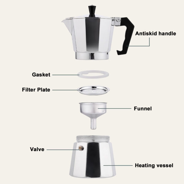 ⁦RAINBEAN Stovetop Espresso Maker 180ml For 3 Cups Espresso, Italian Moka Pot Coffee Maker, For Coffee Latte Mocha Cappuccino Macchiato Cuban Cafe Makers, Silver⁩ - الصورة ⁦5⁩