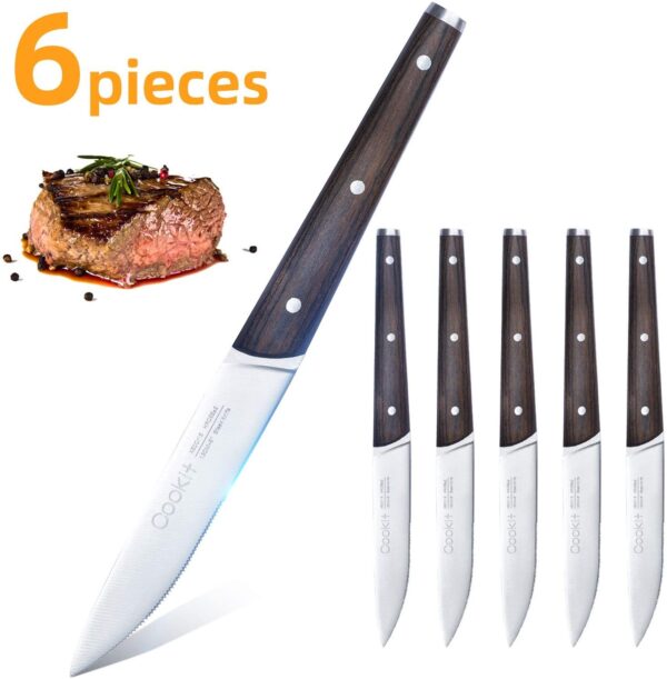 ⁦6Pcs Steak Knife Set Serrated Stainless Steel Utility with Wooden Handle for Home Dining Restaurant⁩ - الصورة ⁦2⁩