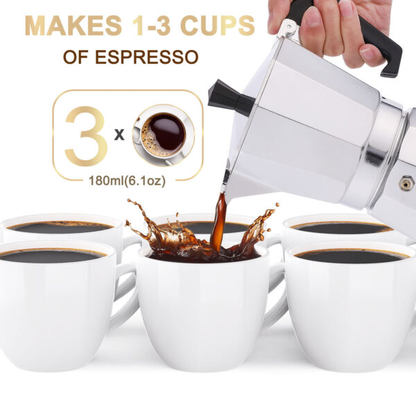 ⁦RAINBEAN Stovetop Espresso Maker 180ml For 3 Cups Espresso, Italian Moka Pot Coffee Maker, For Coffee Latte Mocha Cappuccino Macchiato Cuban Cafe Makers, Silver⁩ - الصورة ⁦9⁩