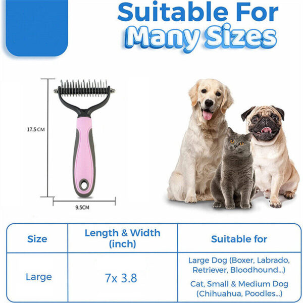 ⁦Grooming Brush For Pet Dog Cat Deshedding Tool Rake Comb Fur Remover Reduce 2-Side Dematting Tool For Dogs Cats Pets Grooming Brush Double Sided Shedding And Dematting Undercoat Rake Hair Removal Comb⁩ - الصورة ⁦3⁩