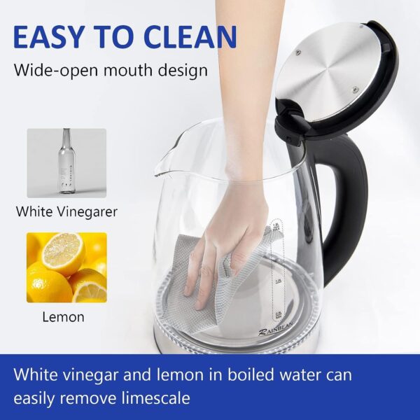 ⁦Electric Kettle Water Boiler, 1.8L Electric Tea Kettle, Wide Opening Hot Water Boiler With LED Light, Auto Shut-Off & Boil Dry Protection, Glass Black⁩ - الصورة ⁦6⁩